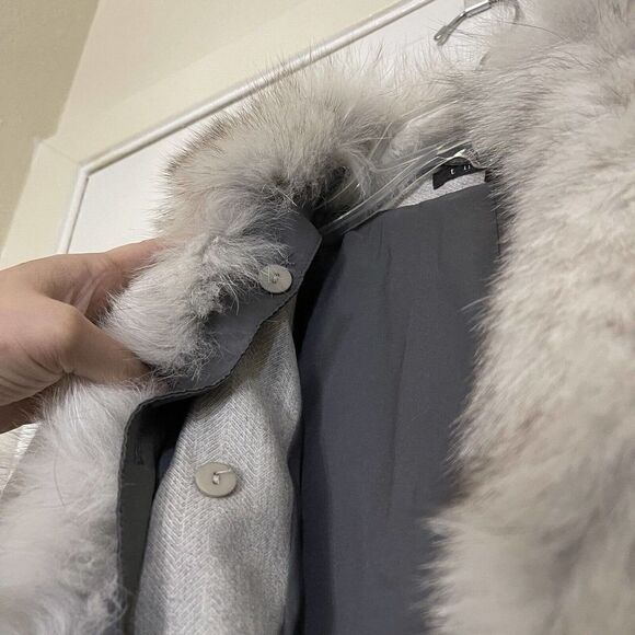 NWOT THEORY gray wool blazer jacket with removable Real blue fox fur trim US 0 - Picture 7 of 9